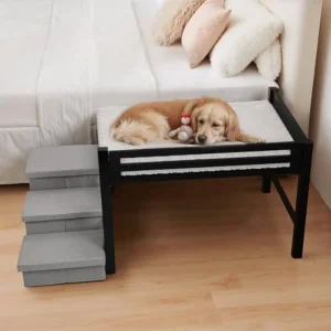 41''x27'' Wooden Elevated Dog Bed with 3-Step Stairs Guardrail Foldable