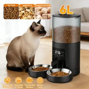6L Automatic Cat Feeder with 2 Stainless Bowls Dual Power Supply